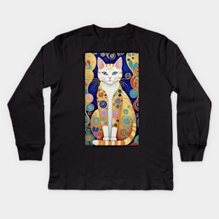 Gustav Klimt's Whimsical Feline: Colorful Cat Illustration Kids Long Sleeve T-Shirt